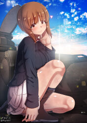 Rule 34 | 1girl, blush, breasts, brown eyes, brown hair, closed mouth, covered erect nipples, girls und panzer, highres, large breasts, looking at viewer, megadeko, military uniform, military vehicle, motor vehicle, nishizumi miho, ooarai military uniform, outdoors, short hair, sky, smile, solo, tank, uniform