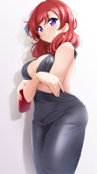 Rule 34 | 1girl, bead bracelet, beads, black dress, bracelet, breasts, cleavage, commentary request, dress, earrings, gradient background, grey background, holding, holding wallet, jewelry, kirisaki reina, large breasts, looking at viewer, love live!, love live! school idol project, nishikino maki, purple eyes, red hair, sleeveless, sleeveless dress, solo, wallet