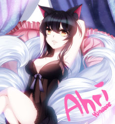 Rule 34 | 1girl, ahri (league of legends), animal ears, armpits, arms behind head, bad id, bad pixiv id, bare arms, bare legs, black hair, breasts, cleavage, curtains, facial mark, fox ears, fox tail, hair between eyes, large breasts, league of legends, leaning back, crossed legs, lingerie, looking at viewer, multiple tails, negligee, pillow, ribbon, smile, solo, tail, underwear, yellow eyes, yuneeee