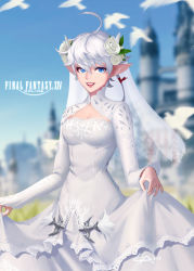 Rule 34 | 1girl, ahoge, alisaie leveilleur, bird, blue eyes, breasts, bridal veil, castle, cleavage, clothes lift, commentary, commentary request, dress, earrings, elezen, elf, final fantasy, final fantasy xiv, flower, sad, hair flower, hair ornament, highres, jewelry, logo, long sleeves, medium breasts, pointy ears, ponytail, skirt, skirt lift, smile, tight clothes, tight dress, veil, wedding dress, white dress, white hair