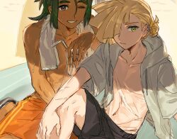 2boys black_male_swimwear blonde_hair closed_mouth collarbone creatures_(company) dark-skinned_male dark_skin drawstring ear_piercing fua1heyvot4ifsr game_freak gladion_(pokemon) green_eyes green_hair grey_eyes grey_jacket hair_over_one_eye hau_(pokemon) highres hood hood_down hooded_jacket jacket looking_at_viewer male_focus male_swimwear multiple_boys nintendo open_clothes open_jacket orange_male_swimwear parted_lips piercing pokemon pokemon_sm sitting smile sweat swim_trunks toned toned_male topless_male