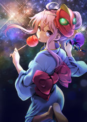 Rule 34 | 1girl, ahoge, blush, candy, candy apple, food, from behind, hair bun, hata no kokoro, highres, japanese clothes, kimono, leg up, licking, long hair, looking at viewer, looking back, mask, mask on head, no shoes, obi, pink eyes, pink hair, pouch, sandals, sash, short hair, single hair bun, sky, solo, star (sky), starry sky, summer festival, tongue, touhou, ultra series, ultraman, uousa-ou