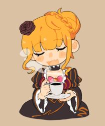 1girl beatrice_(umineko) blush_stickers bow braid braided_bun brown_background choker closed_eyes commentary cup dress english_commentary fang flower hair_bun hair_flower hair_ornament head_tilt highres holding holding_cup holding_saucer long_sleeves ninyakun open_mouth rose saucer single_hair_bun skin_fang smile solo steam teacup umineko_no_naku_koro_ni