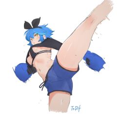 Rule 34 | 1girl, bikini, bikini top only, black bikini, black hairband, black ribbon, blue hair, blue shorts, borrowed character, boxing gloves, breasts, cleavage, closed mouth, commentary request, cropped legs, dif (difman), hair between eyes, hair ribbon, hairband, highres, kicking, liren44, long sleeves, medium breasts, mole, mole under eye, multicolored hair, navel, original, ribbon, short shorts, shorts, shrug (clothing), simple background, solo, standing, standing on one leg, streaked hair, sweat, swimsuit, white background, yellow eyes