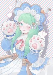 Rule 34 | 1girl, :q, absurdres, animal hands, blue dress, cat hair ornament, cat paws, dress, drill hair, fire emblem, fire emblem: three houses, fire emblem heroes, flayn (fire emblem), flayn (halloween) (fire emblem), green eyes, green hair, hair ornament, hair ribbon, highres, long hair, nintendo, official alternate costume, one eye closed, ribbon, sakuramotikun, solo, striped, striped background, tongue, tongue out, twin drills