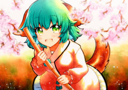 Rule 34 | 1girl, :d, animal ears, bad id, bad twitter id, bamboo broom, blurry, blush, broom, cherry blossoms, day, depth of field, green eyes, green hair, happy, highres, holding, holding broom, kasodani kyouko, long sleeves, open mouth, outdoors, overexposure, puffy long sleeves, puffy sleeves, qqqrinkappp, smile, solo, tail, touhou