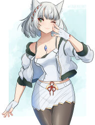 Rule 34 | 1girl, animal ears, artist name, braid, breasts, cleavage, core crystal (xenoblade), fingerless gloves, gloves, highres, jacket, looking at viewer, medium breasts, mio (xenoblade), one eye closed, pantyhose, single braid, smile, solo, tank top, white gloves, white hair, xenoblade chronicles (series), xenoblade chronicles 3, yaizaberry