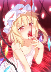 Rule 34 | 1girl, alternate costume, blonde hair, blood, blood in mouth, bloomers, blush, camisole, fangs, flandre scarlet, gradient background, hat, highres, long hair, mob cap, open mouth, racer (magnet), red eyes, side ponytail, solo, strap slip, tongue, tongue out, touhou, underwear, underwear only, vampire, wings