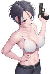 Rule 34 | 1girl, absurdres, bare shoulders, belt, black hair, bra, breasts, brown eyes, cleavage, closed mouth, collarbone, cowboy shot, forehead, from above, frown, glock, gun, hand on own hip, handgun, highres, himeliofon, lace, lace bra, large breasts, looking at viewer, navel, original, pants, parted bangs, parted hair, short hair, simple background, solo, strap gap, trigger discipline, underwear, upturned eyes, weapon, white background, white bra