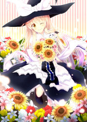 Rule 34 | 1girl, ;d, akane hazuki, black skirt, blonde hair, bouquet, bow, flower, gradient hair, hair between eyes, hat, hat bow, holding, holding bouquet, kirisame marisa, long hair, long skirt, looking at viewer, multicolored hair, one eye closed, open mouth, shirt, silver hair, skirt, smile, solo, striped, striped background, sunflower, touhou, very long hair, white bow, white shirt, yellow eyes, yellow flower