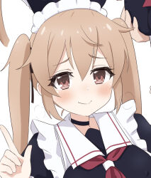 Rule 34 | 1girl, adapted costume, alternate costume, black choker, black dress, brown eyes, choker, dress, enmaided, index finger raised, junes, kantai collection, light brown hair, long hair, looking at viewer, maid, maid headdress, murasame (kancolle), neckerchief, red neckerchief, sailor collar, smile, solo, twintails, upper body, white sailor collar
