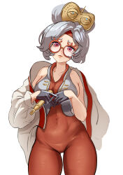 Rule 34 | 1girl, absurdres, bare shoulders, black gloves, bodysuit, breasts, cameltoe, closed mouth, coat, commentary, covered navel, english commentary, eyewear on head, gloves, grey hair, hair ornament, hair stick, half gloves, highres, holding, lab coat, large breasts, long sleeves, looking at viewer, mikazeze, nintendo, purah, red-framed eyewear, red bodysuit, red eyes, round eyewear, sheikah, short hair, solo, the legend of zelda, the legend of zelda: tears of the kingdom, updo, vest, white background, white coat, white vest