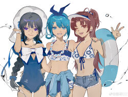 Rule 34 | 3girls, ;d, absurdres, akemi homura, alternate costume, bare shoulders, beads, bikini, bikini top only, black hair, blue bikini, blue hair, blue hairband, blue nails, blue one-piece swimsuit, blue sarong, blue shorts, bow, braid, breasts, brown eyes, brown hair, chinese commentary, cleavage cutout, clothing cutout, collarbone, colored eyelashes, commentary request, cowboy shot, denim, denim shorts, earrings, fangs, floral print, flower, flower earrings, flower necklace, glasses, grin, hair beads, hair ornament, hairband, hairpin, hand on another&#039;s back, hand on another&#039;s shoulder, hand up, hat, highres, jewelry, lei, long hair, looking at viewer, low side ponytail, mahou shoujo madoka magica, mahou shoujo madoka magica (anime), medium breasts, midriff, miki sayaka, multiple girls, navel, necklace, one-piece swimsuit, one eye closed, one side up, open mouth, ouge dz, parted bangs, purple eyes, ring, sakura kyoko, sarong, scrunchie, short shorts, shorts, simple background, smile, standing, star (symbol), star hair ornament, swimsuit, twin braids, v, visor cap, water, weibo logo, weibo username, white-framed eyewear, white background, white bikini, white bow, white hat, wrist scrunchie