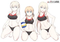 Rule 34 | 3girls, anchor hair ornament, anchor symbol, aqua eyes, ball, barefoot, beach volleyball, bikini, bismarck (kancolle), black bikini, blonde hair, blue eyes, character name, graf zeppelin (kancolle), grey eyes, hair between eyes, hair ornament, holding, holding ball, kantai collection, kneeling, looking at viewer, low twintails, multiple girls, open mouth, prinz eugen (kancolle), shigino sohuzi, sidelocks, simple background, smile, sports bikini, squatting, swimsuit, tsurime, twintails, volleyball (object), white background