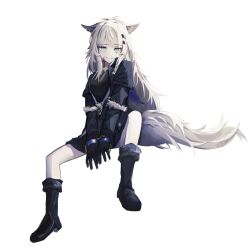 Rule 34 | 1girl, absurdres, animal ears, arknights, black gloves, blue eyes, boots, evil grin, evil smile, full body, gloves, grey hair, grey tail, grin, highres, kotowaza, lappland (arknights), lappland (refined horrormare) (arknights), long hair, scar, scar across eye, simple background, sitting, skull, smile, solo, tail, white background, wolf ears, wolf girl, wolf tail