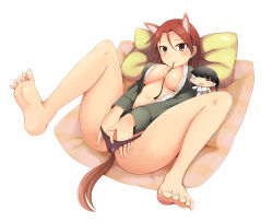Rule 34 | 1girl, animal ears, barefoot, between breasts, black hair, blush, breasts, chibi, cleavage, eyepatch, feet, hand in panties, large breasts, legs, legs up, lying, military, military uniform, minna-dietlinde wilcke, mouth hold, open clothes, open shirt, panties, panty pull, pillow, red eyes, red hair, rosettastone, sakamoto mio, shirt, solo, strike witches, tail, underwear, uniform, world witches series