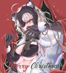 Rule 34 | 1girl, ahoge, alternate costume, animal ears, bell, bikini, blonde hair, blush, breasts, capelet, christmas, covering face, curtains, fate/grand order, fate (series), fur, fur trim, gloves, headpiece, highres, jeanne d&#039;arc (fate), jeanne d&#039;arc alter (avenger) (fate), jeanne d&#039;arc alter (fate), jingle bell, looking at viewer, merry christmas, ru 251, solo, swimsuit, yellow eyes