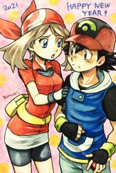 Rule 34 | 1boy, 1girl, 2021, ash ketchum, bandana, bike shorts, black gloves, black hair, blue eyes, brown eyes, brown hair, cowboy shot, creatures (company), eye contact, fanny pack, fingerless gloves, game freak, gloves, happy new year, highres, holding, holding another&#039;s arm, holding poke ball, hooded shirt, looking at another, may (pokemon), new year, nintendo, open mouth, poke ball, pokemon, pokemon (anime), pokemon rse (anime), polka dot, polka dot background, short hair, short sleeves, spiked hair