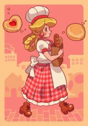 Rule 34 | 1girl, absurdres, apron, bag, baguette, blonde hair, boots, braid, bread, brown footwear, chef hat, cookie, earrings, food, from side, full body, hat, highres, holding, holding bag, jewelry, loveycloud, mario (series), nintendo, official alternate costume, paper bag, patissiere peach, princess peach, princess peach: showtime!, red skirt, short sleeves, skirt, solo, sphere earrings, walking, white apron