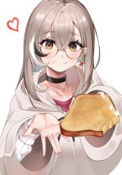 Rule 34 | 1girl, berry, black choker, blush, bread slice, brown eyes, brown hair, brown hoodie, choker, crossed bangs, crumbs, earrings, eating, fingernails, food, food-themed earrings, food on face, glasses, hair ornament, heart, highres, holding, holding food, hololive, hololive english, hood, hoodie, jewelry, long hair, looking at viewer, multicolored hair, nanashi mumei, nanashi mumei (casual), necklace, official alternate costume, outstretched arm, outstretched hand, oversized clothes, punapple, reaching, reaching towards viewer, red shirt, round eyewear, shirt, smile, solo, streaked hair, sweater, toast, virtual youtuber, white sweater, wide sleeves