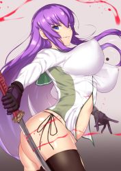 Rule 34 | 1girl, aster crowley, bikini, black thighhighs, blood, blue eyes, bouncing breasts, breasts, busujima saeko, covered erect nipples, gloves, grey background, highres, highschool of the dead, hip focus, huge breasts, katana, large breasts, long hair, looking at viewer, navel, parted lips, purple hair, side-tie bikini bottom, simple background, smile, solo, swimsuit, sword, thighhighs, very long hair, weapon