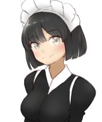 Rule 34 | 1girl, black hair, blush, breasts, close-up, commentary request, grey eyes, highres, large breasts, looking at viewer, maid, maid headdress, short hair, simple background, sketch, solo, sookmo, white background