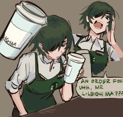 Rule 34 | 1girl, apron, chainsaw man, coffee, coffee cup, collared shirt, cup, disposable cup, eyepatch, green apron, green eyes, green hair, highres, himeno (chainsaw man), deez nuts (meme), liowig, looking at cup, looking at viewer, meme, multiple views, open mouth, shirt, short hair, shouting, speech bubble, starbucks, table, white shirt