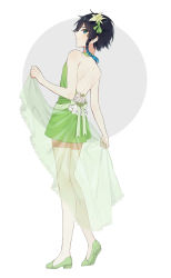 Rule 34 | 1boy, absurdres, backless outfit, bad id, bad twitter id, bare shoulders, black hair, blue hair, braid, closed mouth, clothes lift, crossdressing, dress, flower, from behind, genshin impact, gradient hair, green dress, green eyes, green footwear, hair flower, hair ornament, high heels, highres, holding, holding clothes, holding skirt, kkopoli, looking at viewer, looking back, male focus, multicolored hair, ribbon, see-through, short hair with long locks, simple background, skirt, smile, solo, standing, venti (genshin impact), white background, white flower