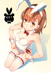 Rule 34 | 1girl, animal ears, bare shoulders, blush, bow, bowtie, breasts, brown eyes, brown hair, cleavage, collar, collarbone, commentary request, covered navel, detached collar, fake animal ears, flower, frilled thighhighs, frills, garter straps, hair between eyes, hair flower, hair ornament, hairband, hands on own hips, leotard, misaka mikoto, playboy bunny, rabbit ears, raika9, red bow, red bowtie, seiza, sitting, small breasts, solo, strapless, strapless leotard, thighhighs, toaru kagaku no railgun, toaru majutsu no index, twitter username, white collar, white flower, white hairband, white leotard, white thighhighs, wing collar, wrist cuffs
