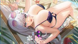 Rule 34 | 1girl, azur lane, ball, breasts, camera, chair, chenzhiming1026, chromatic aberration, flower, grey eyes, highres, large breasts, long hair, looking at viewer, manjuu (azur lane), open mouth, sand, shell, starfish, sunglasses on head, swimsuit, vittorio veneto (azur lane), wet, wet breasts, white hair