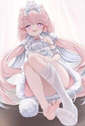 Rule 34 | 1girl, barefoot, bow, commentary, commission, dress, feet, foot focus, fur-trimmed dress, fur trim, grey hair, hair bow, hair ornament, highres, indie virtual youtuber, kurage cc, long hair, low twintails, open mouth, pink hair, pom pom (clothes), pom pom hair ornament, purple eyes, single barefoot, single thighhigh, sitting, skeb commission, smile, solo, symbol-only commentary, thighhighs, twintails, very long hair, virtual youtuber, watahana ame, white dress, white thighhighs
