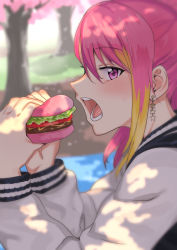Rule 34 | 1girl, blonde hair, burger, dappled sunlight, earrings, food, highres, holding, holding food, idolmaster, idolmaster million live!, jewelry, lettuce, long sleeves, looking at viewer, maihama ayumu, multicolored hair, open mouth, outdoors, pink eyes, pink hair, profile, solo, sunlight, tomato, tree, tsurui, two-tone hair