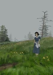 1girl all_day_long black_hair blue_dress dress fog gloves grass hat highres holding holding_hat holding_unworn_clothes looking_at_viewer original outdoors overcast short_hair sky solo tree unworn_hat unworn_headwear white_gloves white_hat