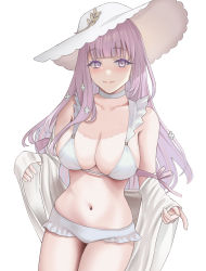 Rule 34 | 1girl, absurdres, azur lane, bikini, blush, breasts, buko (bukosuki), cleavage, closed mouth, collarbone, feet out of frame, hair ornament, hairclip, hat, highres, large breasts, light purple hair, lips, lipstick, long hair, looking at viewer, makeup, navel, pink lips, plymouth (azur lane), purple eyes, smile, solo, standing, sun hat, swimsuit, white background, white bikini, white hat