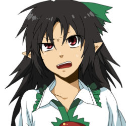 Rule 34 | 1girl, angry, black hair, confused, female focus, open mouth, pointy ears, raised eyebrow, red eyes, reiuji utsuho, resized, rex k, simple background, solo, sweatdrop, touhou, uneven eyes, upper body, upscaled