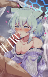 Rule 34 | 1boy, 1girl, animal ear fluff, animal ears, aqua hair, bar censor, bare shoulders, blanket, blue archive, blush, breasts, censored, commentary request, erection, fellatio, hair between eyes, halo, heart, hetero, highres, japanese clothes, kimono, large penis, lifting covers, machismo fuji, medium breasts, naked kimono, oral, penis, shigure (blue archive), shigure (hot spring) (blue archive), solo focus, sweat, veins, veiny penis, weasel ears, yukata