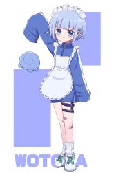 Rule 34 | 1girl, apron, arm up, bandaid, bandaid on leg, blue eyes, blue hair, blue jacket, blunt bangs, blush, character name, closed mouth, commentary, frilled apron, frills, full body, highres, indie utaite, jacket, jersey maid, long sleeves, looking at viewer, maid, maid apron, maid headdress, sasugane watashi, shoes, short hair, sleeves past fingers, sleeves past wrists, sneakers, solo, standing, symbol-only commentary, thigh strap, track jacket, turtleneck, turtleneck jacket, unconventional maid, white apron, white footwear, wotoha (character)