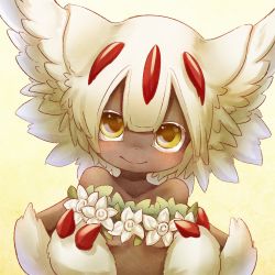 Rule 34 | 1girl, animal ear fluff, animal ears, animal hands, blush, breasts, claws, closed mouth, commentary, convenient censoring, dark-skinned female, dark skin, extra arms, faputa, fewer digits, flower wreath, highres, holding, holding wreath, looking at viewer, made in abyss, medium hair, monster girl, nina (maurururoa), nude, small breasts, smile, solo, symbol-only commentary, upper body, white fur, white hair, yellow background, yellow eyes