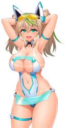 Rule 34 | 1girl, absurdres, aqua eyes, armpits, arms behind head, arms up, asamura hiori, bare shoulders, bikini tan, blonde hair, blush, breasts, cleavage, collarbone, cowboy shot, elbow gloves, fang, gene (pso2), gloves, green hair, hair between eyes, headgear, highres, large breasts, looking at viewer, multicolored hair, navel, phantasy star, phantasy star online 2, shiny skin, smile, solo, streaked hair, swimsuit, tan, tanline, twintails, two-tone hair