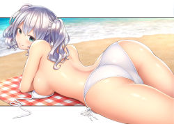 Rule 34 | 1girl, aqua eyes, ass, back, beach, bikini, blush, breasts, commentary request, contllenge, day, from behind, kantai collection, kashima (kancolle), large breasts, long hair, looking back, lying, ocean, on stomach, outdoors, sand, shiny skin, side-tie bikini bottom, sideboob, sidelocks, silver hair, smile, solo, swimsuit, tsurime, twintails, untied bikini, water, wavy hair, white bikini