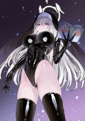 Rule 34 | 1girl, blue archive, boots, breasts, cameltoe, elbow gloves, gloves, grey hair, habit, highleg, highleg leotard, highres, large breasts, leotard, long hair, nun, red eyes, sakurako (blue archive), skindentation, solo, thigh boots, udaruyo