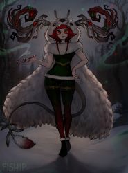 Rule 34 | + +, 1girl, absurdres, antlers, artist name, candy, candy cane, cape, christmas, closed mouth, cross, dress, food, gradient legwear, green dress, green lips, hand on own hip, highres, holding, hood, hooded cape, horns, inverted cross, kiseru, lipstick, looking at viewer, makeup, matilda fiship, original, pantyhose, red hair, red pantyhose, short dress, sidelocks, smile, smoke, smoking pipe, smug, solo, tail, vileth (matilda fiship)