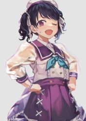 Rule 34 | 1girl, beret, black hair, fangs, fukumaru koito, grey background, hair ribbon, hat, highres, idolmaster, idolmaster poplinks, idolmaster shiny colors, long sleeves, looking at viewer, neckerchief, one eye closed, open mouth, otsudou, pleated skirt, purple eyes, purple skirt, ribbon, sailor collar, see-through, see-through sleeves, skin fangs, skirt, solo, sweatdrop, swept bangs, twintails, white ribbon