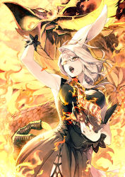 Rule 34 | 1girl, absurdres, animal ears, arm up, armpits, bird, black-framed eyewear, blonde hair, book, brown eyes, rabbit ears, burning, feathers, final fantasy, final fantasy xiv, fingernails, fire, glasses, glowing, highres, holding, holding book, kyo (kuroichigo), long hair, mole, mole under mouth, nail polish, open book, open mouth, phoenix, red lips, red nails, slit pupils, solo, summoner (final fantasy), talons, teeth, tongue, viera