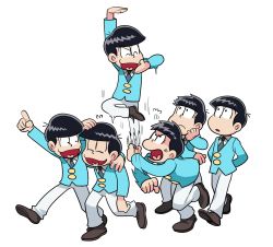 Rule 34 | 10s, 6+boys, anger vein, black hair, brothers, commentary request, enerunaru, closed eyes, formal, hand on head, heart, heart in mouth, highres, jumping, male focus, matsuno choromatsu, matsuno ichimatsu, matsuno jyushimatsu, matsuno karamatsu, matsuno osomatsu, matsuno todomatsu, messy hair, multiple boys, osomatsu-kun, osomatsu-san, pointing, sextuplets, sheeeh!, siblings, smile, suit, text focus, translation request, walking