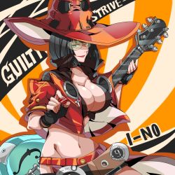 Rule 34 | 1girl, arc system works, black hair, breasts, character name, cleavage, copyright name, fingerless gloves, glasses, gloves, green-tinted eyewear, green-tinted glasses, guilty gear, guilty gear strive, hat, highres, i-no, large breasts, midriff, navel, red hat, solo, sunglasses, tinted eyewear, witch hat