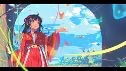 Rule 34 | 1girl, ahoge, animal, black hair, blue sky, branch, chinese clothes, cloud, cloudy sky, coffeiz p, commentary, day, fish, flower, flying fish, hair ornament, hand up, hanfu, highres, letterboxed, long hair, long sleeves, looking away, looking to the side, original, outdoors, parted lips, pink flower, pleated skirt, red eyes, red skirt, skirt, sky, solo, wide sleeves