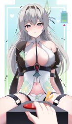 Rule 34 | 1girl, 1other, black hairband, blush, breasts, commentary, firefly (honkai: star rail), grey hair, hairband, highres, honkai: star rail, honkai (series), large breasts, long hair, looking at viewer, navel, off shoulder, parted lips, purple eyes, single bare shoulder, sitting, solo focus, thigh strap, very long hair, yeni1871