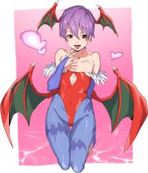 Rule 34 | 1girl, :d, absurdres, animal print, bare shoulders, bat print, blue pantyhose, bridal gauntlets, clothing cutout, collarbone, covered navel, cropped legs, demon girl, demon wings, fang, fingernails, flat chest, green wings, head wings, heart, highleg, highleg leotard, highres, leotard, lilith aensland, midriff, open mouth, pantyhose, pink eyes, pretty-purin720, purple hair, red leotard, short hair, skin fang, smile, solo, stomach cutout, thigh gap, tongue, tongue out, vampire (game), wings