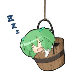 Rule 34 | 1girl, amakaeru, bad id, bad pixiv id, bucket, drooling, closed eyes, female focus, green hair, hair bobbles, hair ornament, in bucket, in container, kisume, long sleeves, open mouth, rope, short hair, sleeping, solo, touhou, twintails, wide sleeves